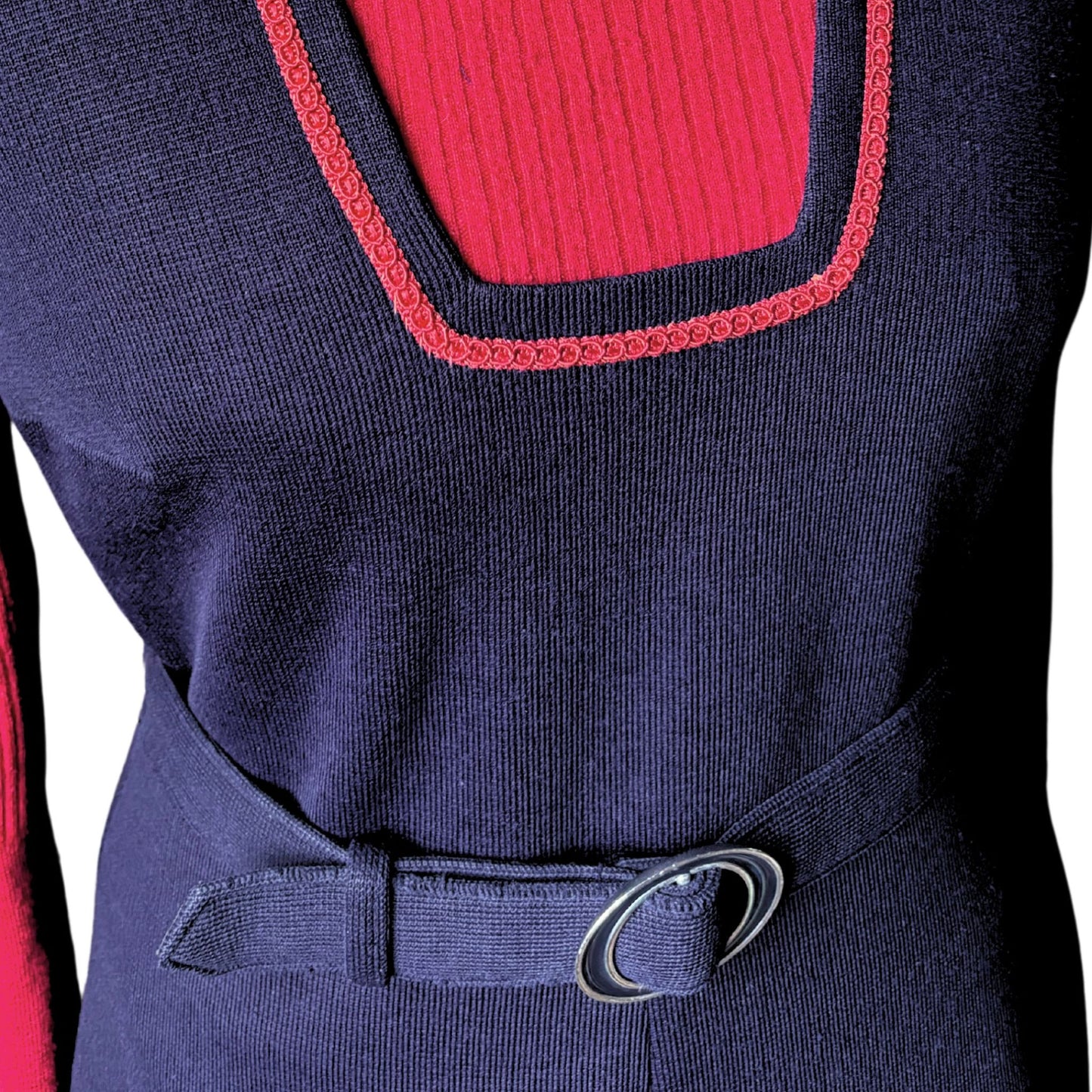 60s navy blue pinafore dress with red brocade trim and matching belt. Approx UK size 12-14