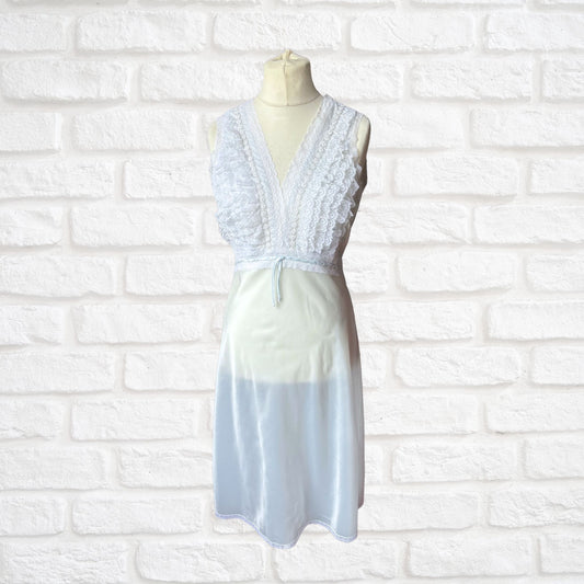 Ice Blue Silky Satin Vintage Slip Dress with Lace Ruffled Bodice. Approx UK size 10-14