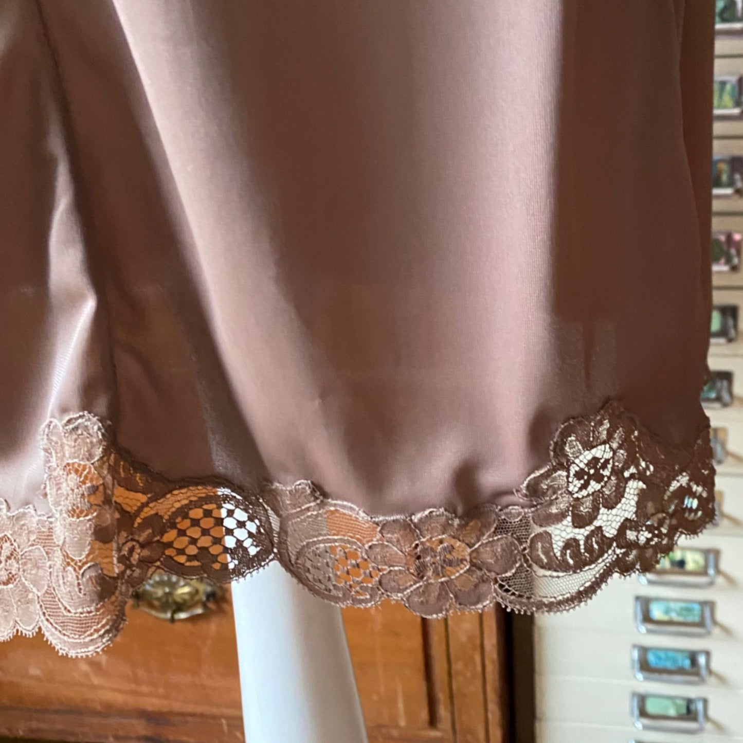 60s brown lace trimmed silky Italian slip. Approx U.K. size 12