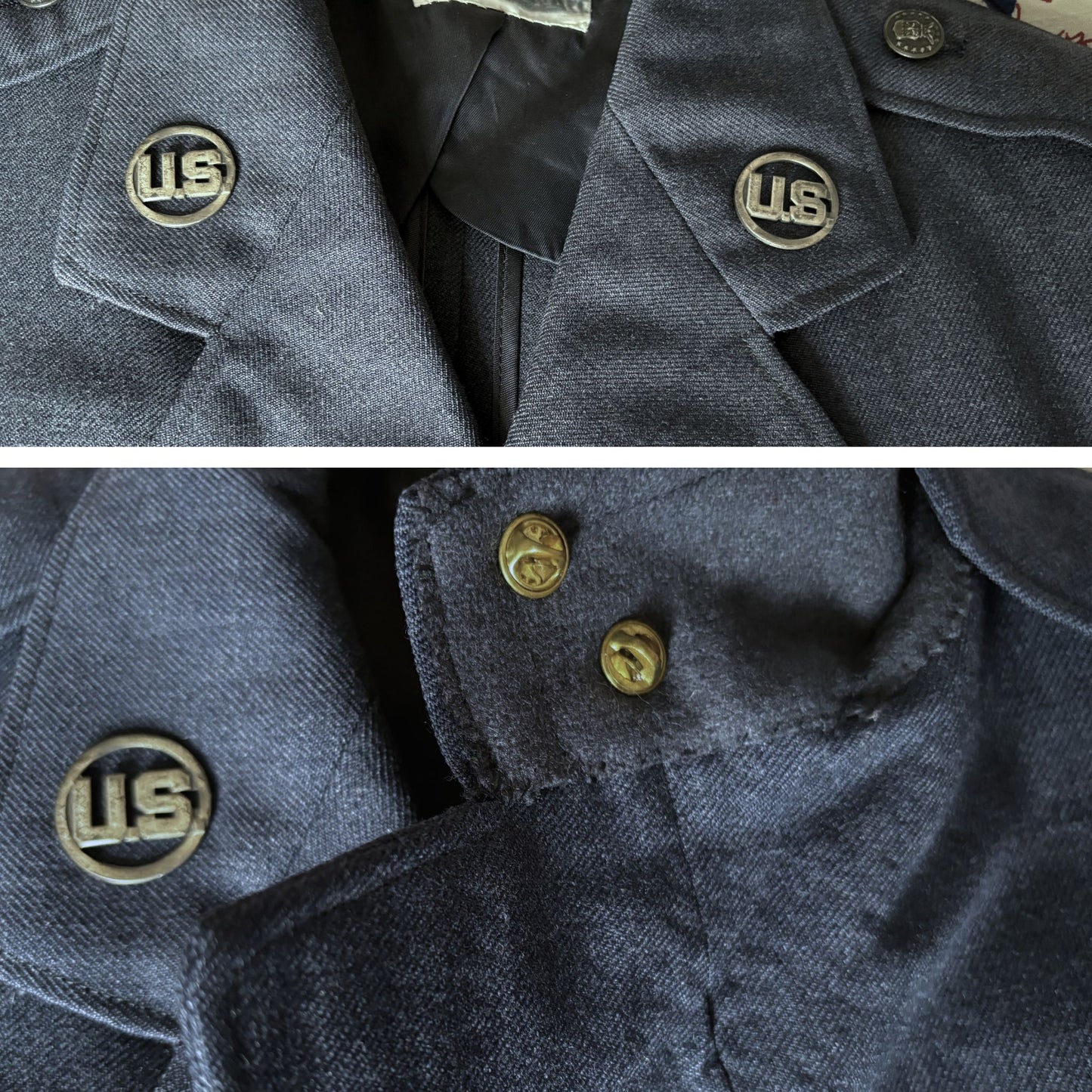 1950s USAF Blue Wool Serge Vintage Military Jacket with Detachable Metal US Pins. Approx UK XS-S (m) 10-12(f)