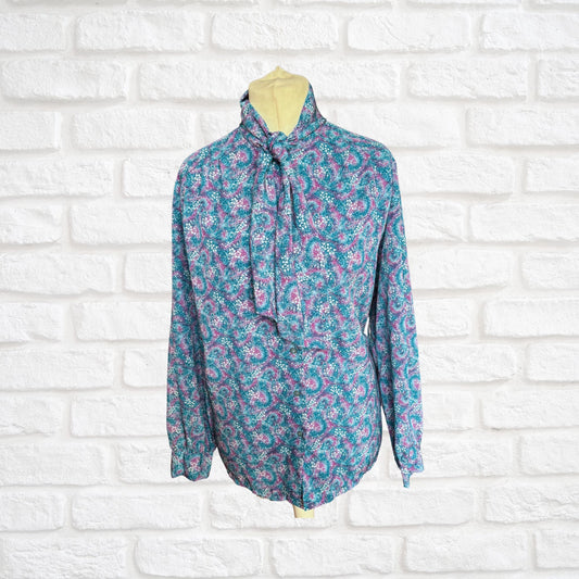 Teal, purple and white floral vintage secretary blouse with pussy bow collar. Approx UK size 18-22