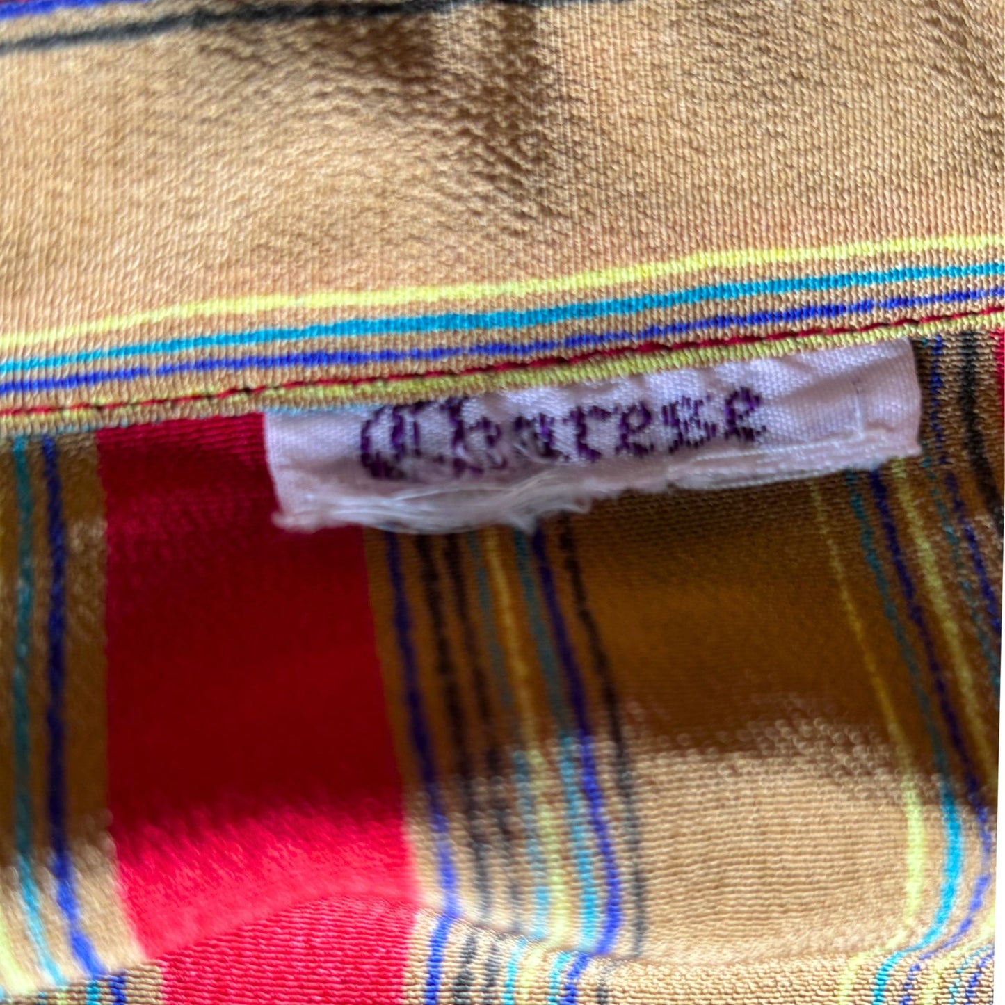 Vintage Dark Mustard and Red Striped Long-Sleeved Blouse with small straight collar .Approx UK size 8-12