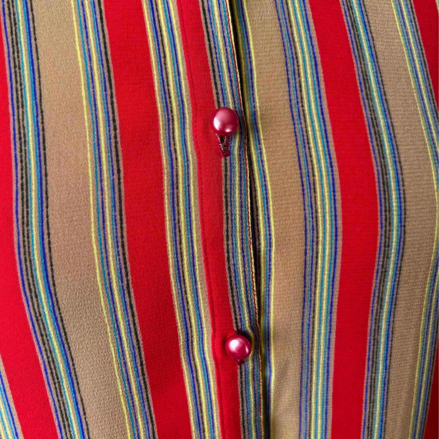 Vintage Dark Mustard and Red Striped Long-Sleeved Blouse with small straight collar .Approx UK size 8-12