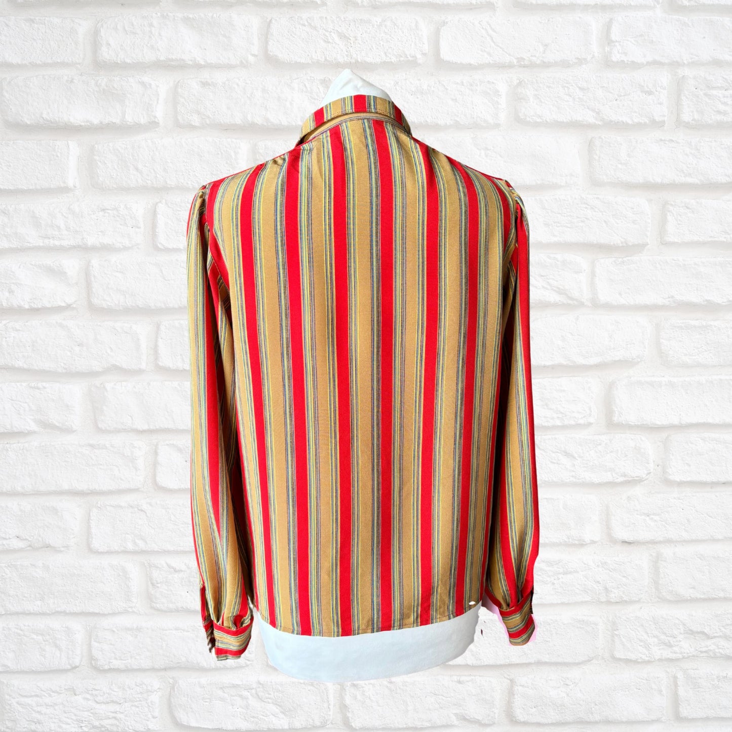 Vintage Dark Mustard and Red Striped Long-Sleeved Blouse with small straight collar .Approx UK size 8-12