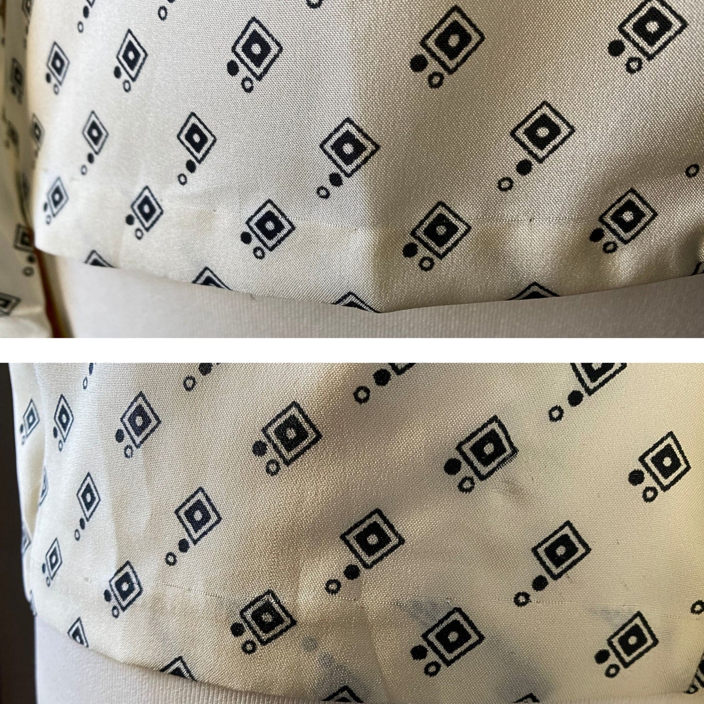 Stylish 70s Cream and Black Geometric Print Dagger Collar Blouse. Approx UK size 10-14