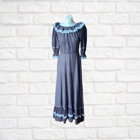 Vintage 70s Maxi Length Black Floral Prairie Dress with Lace Trim. Approx UK size 10-12