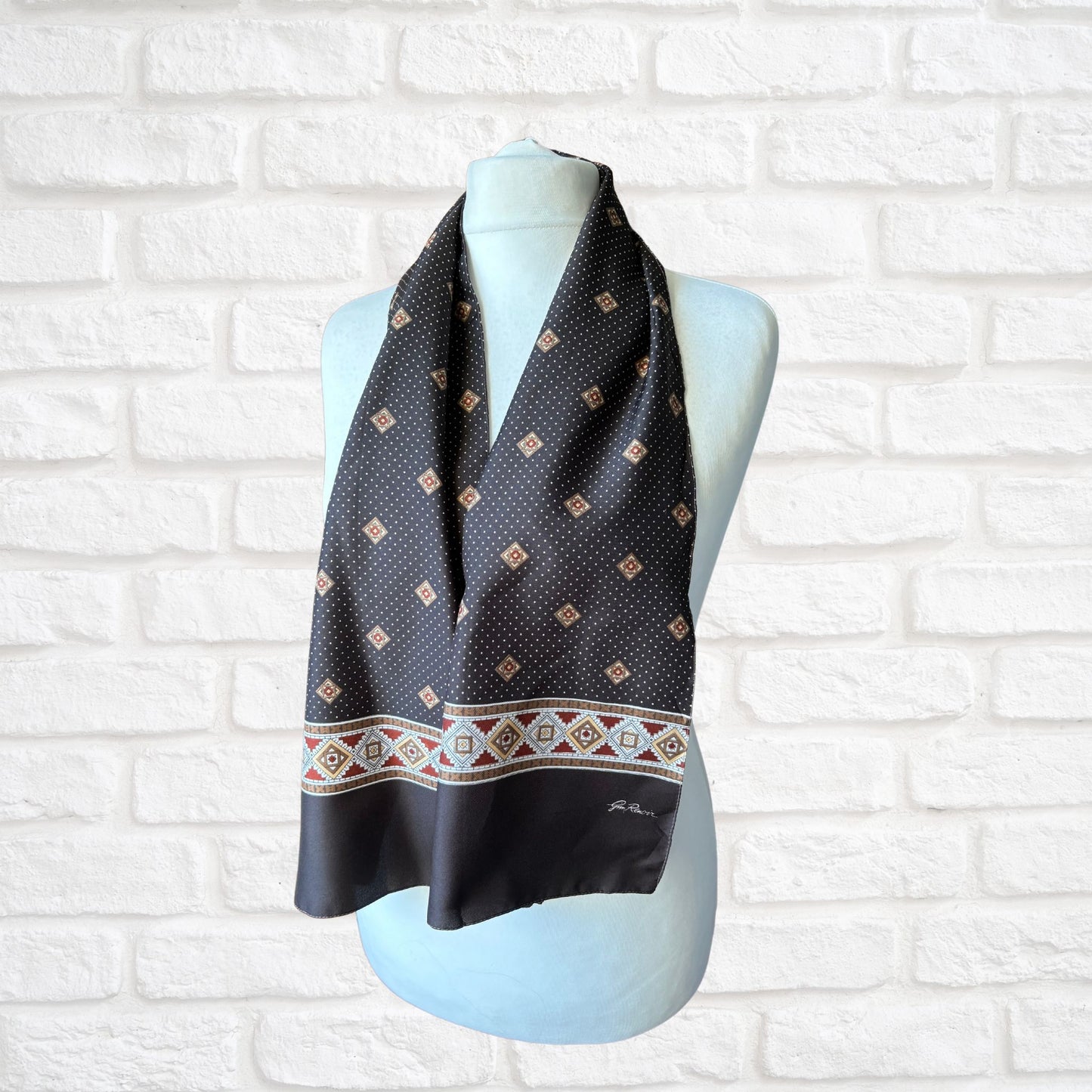1970s brown and white polka dot / geometric print Gim Renoir scarf.   Great gift idea