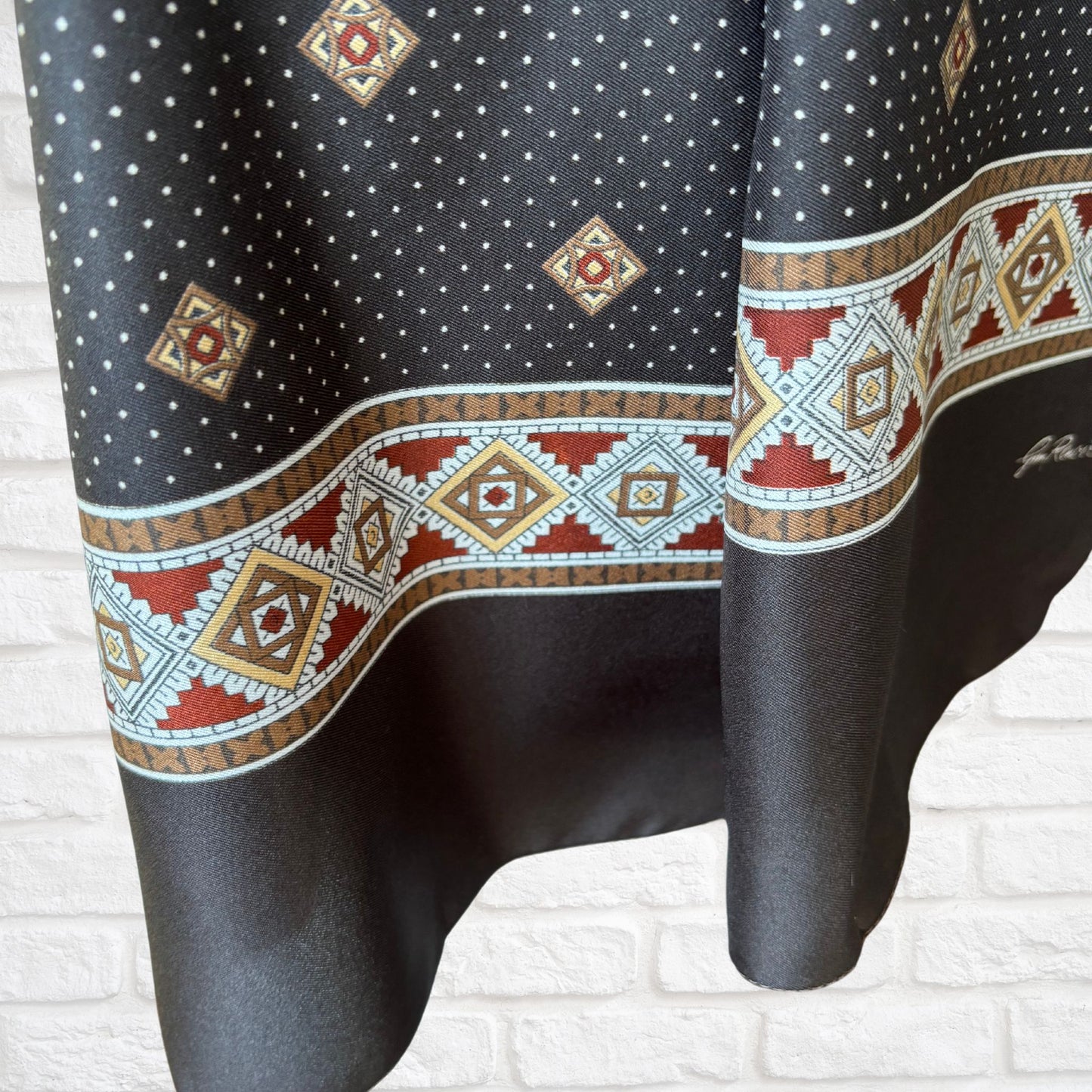1970s brown and white polka dot / geometric print Gim Renoir scarf.   Great gift idea