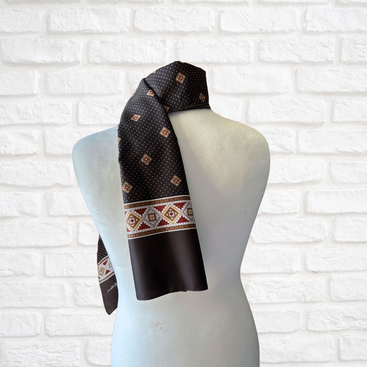 1970s brown and white polka dot / geometric print Gim Renoir scarf.   Great gift idea