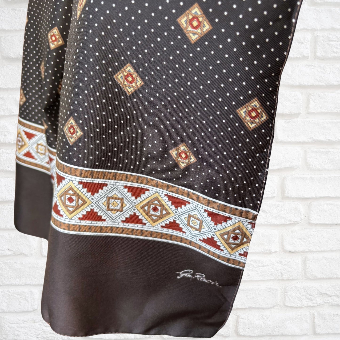 1970s brown and white polka dot / geometric print Gim Renoir scarf.   Great gift idea