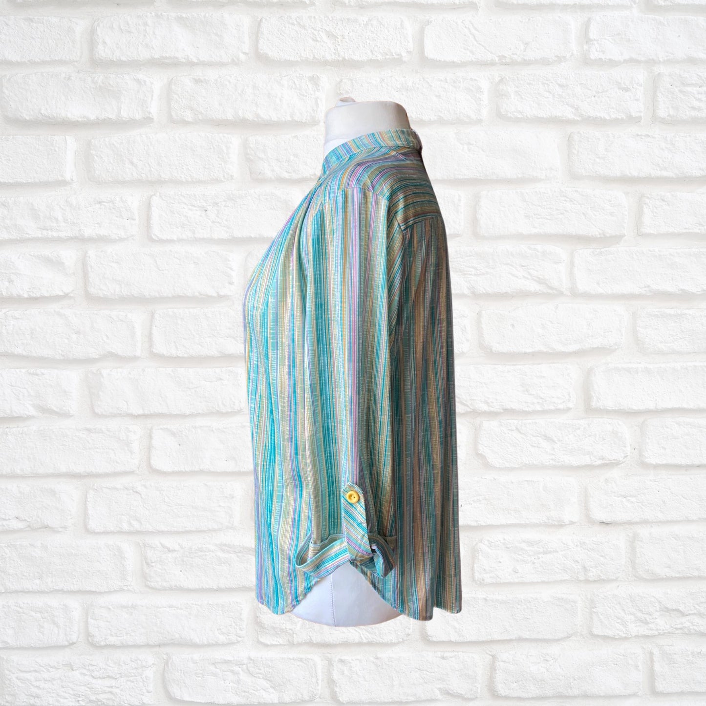 Green, White, Yellow and Pink Striped 70s Top with 3/4 Length Sleeves.  Approx UK size 20-24