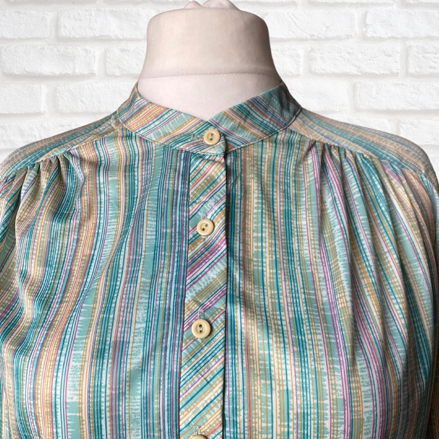 Green, White, Yellow and Pink Striped 70s Top with 3/4 Length Sleeves.  Approx UK size 20-24