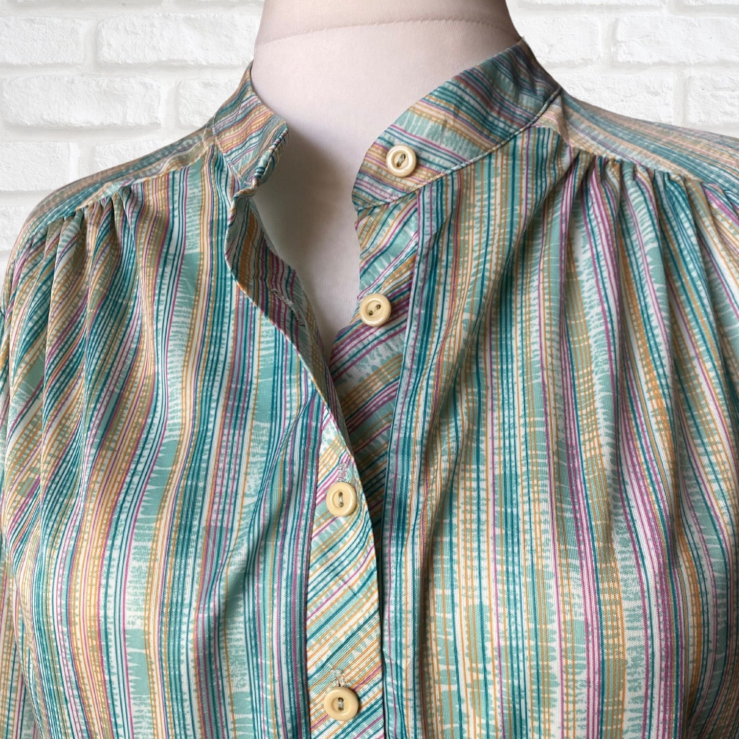 Green, White, Yellow and Pink Striped 70s Top with 3/4 Length Sleeves.  Approx UK size 20-24