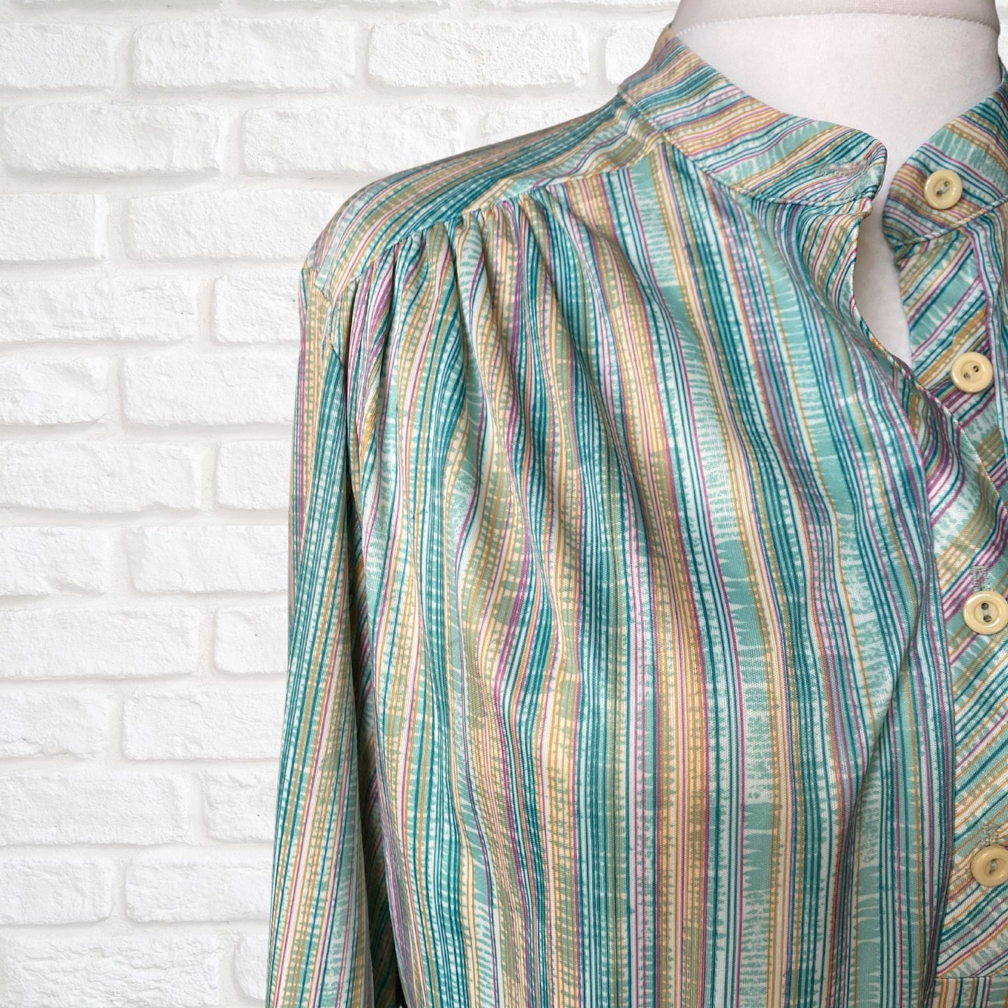 Green, White, Yellow and Pink Striped 70s Top with 3/4 Length Sleeves.  Approx UK size 20-24