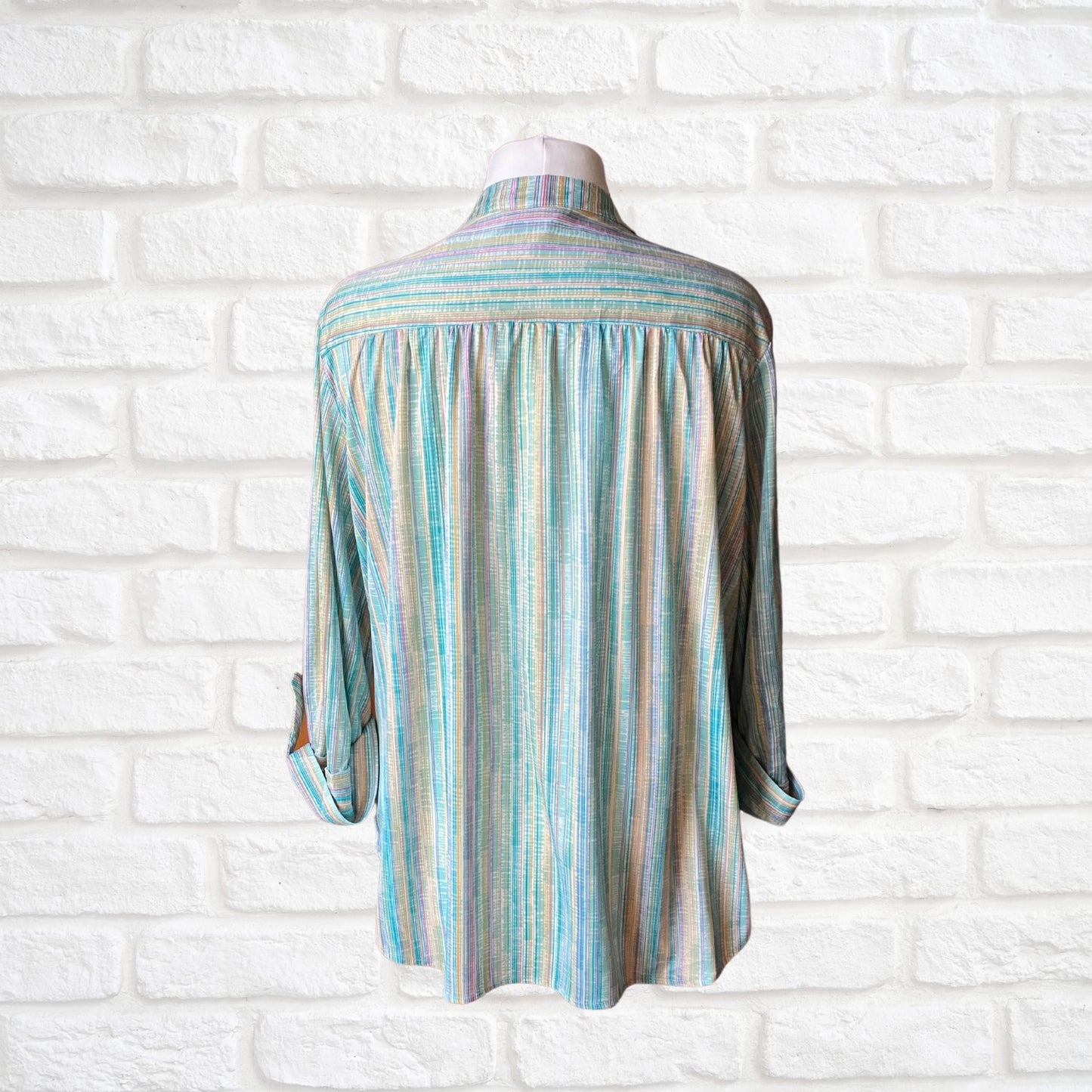 Green, White, Yellow and Pink Striped 70s Top with 3/4 Length Sleeves.  Approx UK size 20-24