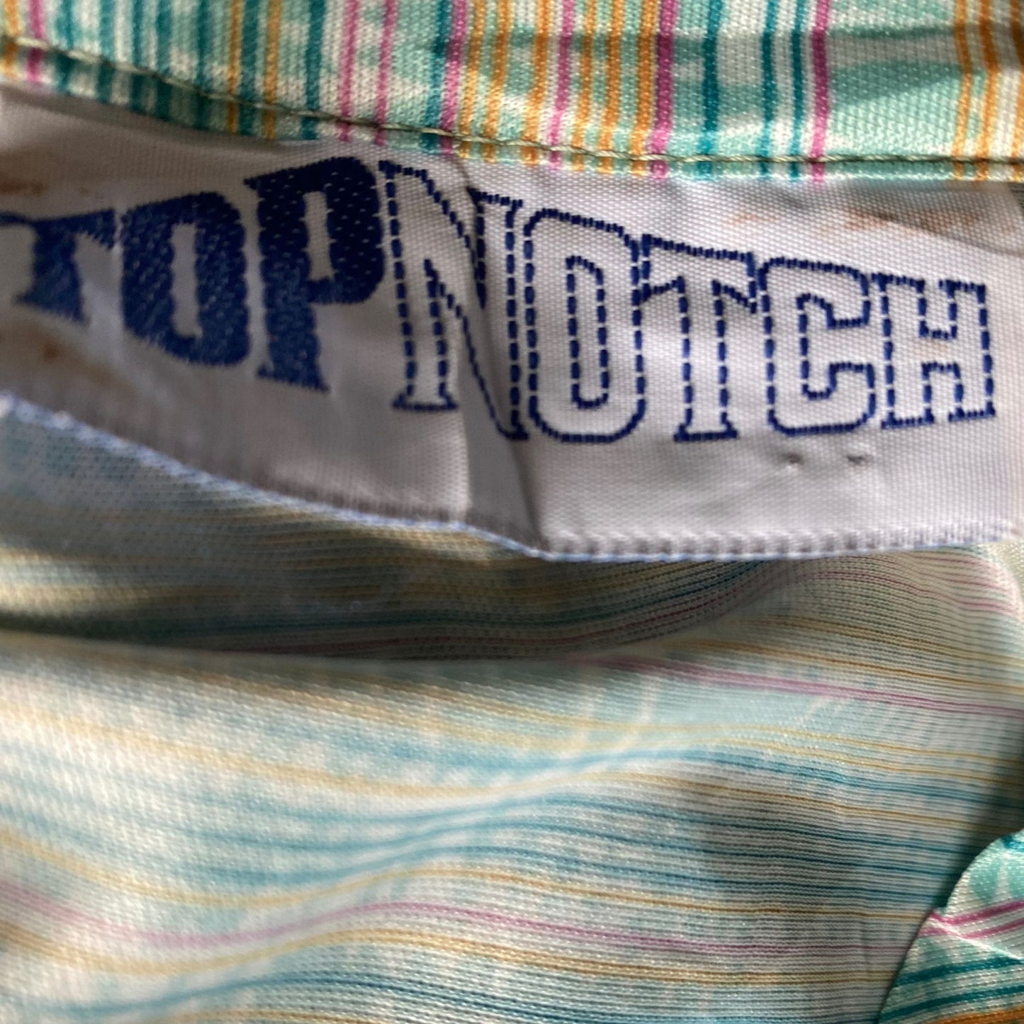 Green, White, Yellow and Pink Striped 70s Top with 3/4 Length Sleeves.  Approx UK size 20-24