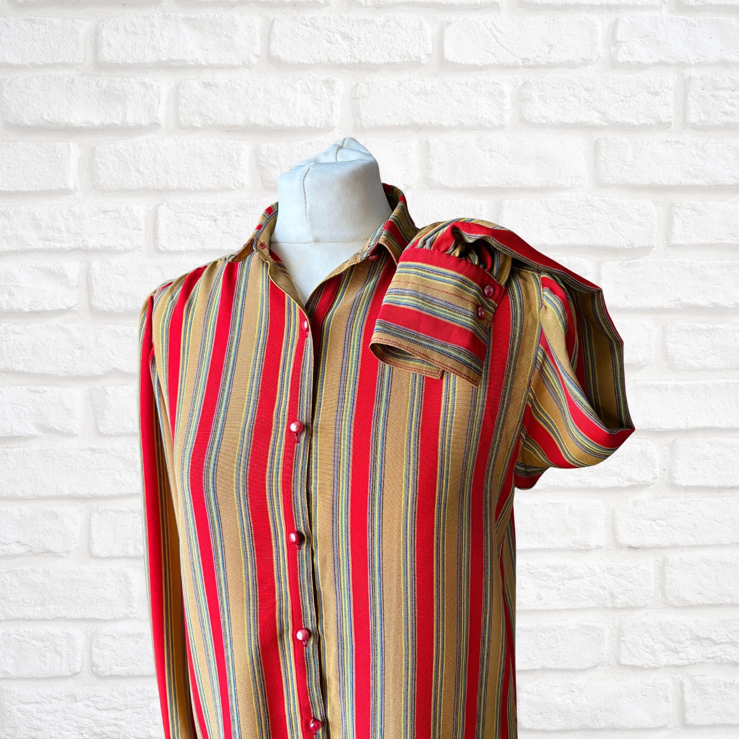 Vintage Dark Mustard and Red Striped Long-Sleeved Blouse with small straight collar .Approx UK size 8-12
