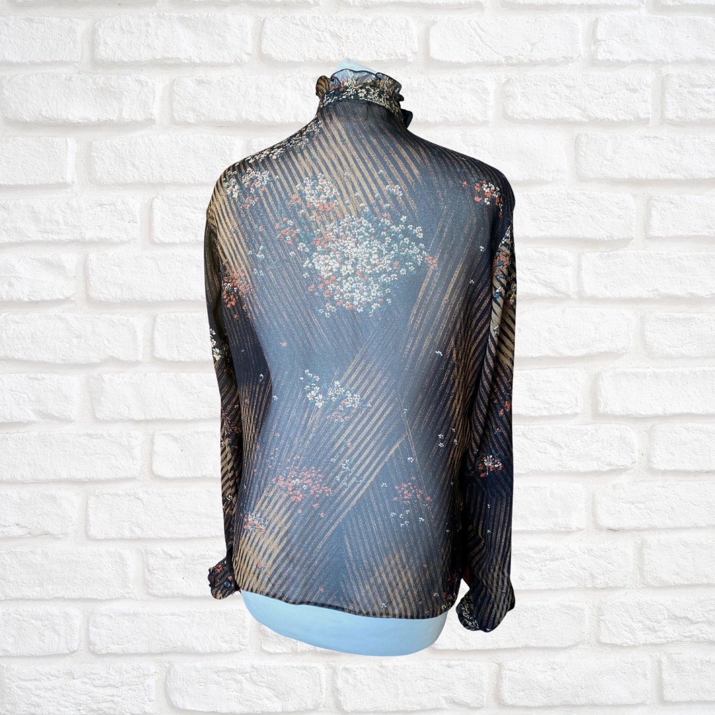 Vintage 80s Semi Sheer Black Floral and Striped Frill Neck Blouse.Approx UK size 10-14