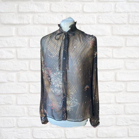 Vintage 80s Semi Sheer Black Floral and Striped Frill Neck Blouse.Approx UK size 10-14
