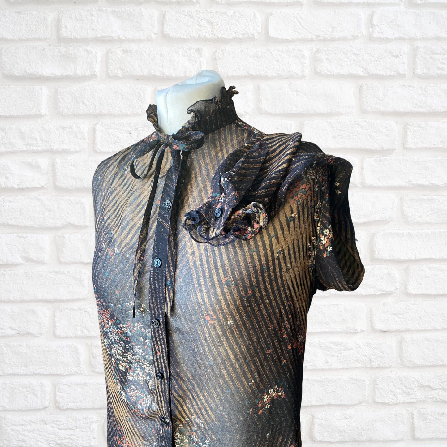 Vintage 80s Semi Sheer Black Floral and Striped Frill Neck Blouse.Approx UK size 10-14