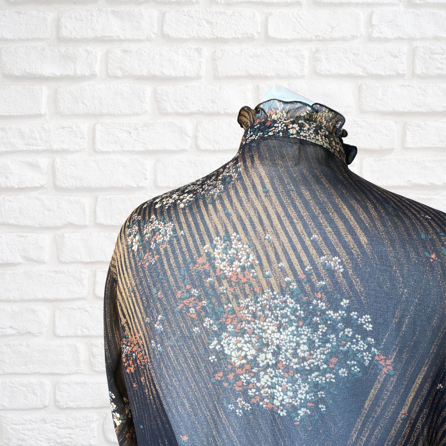 Vintage 80s Semi Sheer Black Floral and Striped Frill Neck Blouse.Approx UK size 10-14