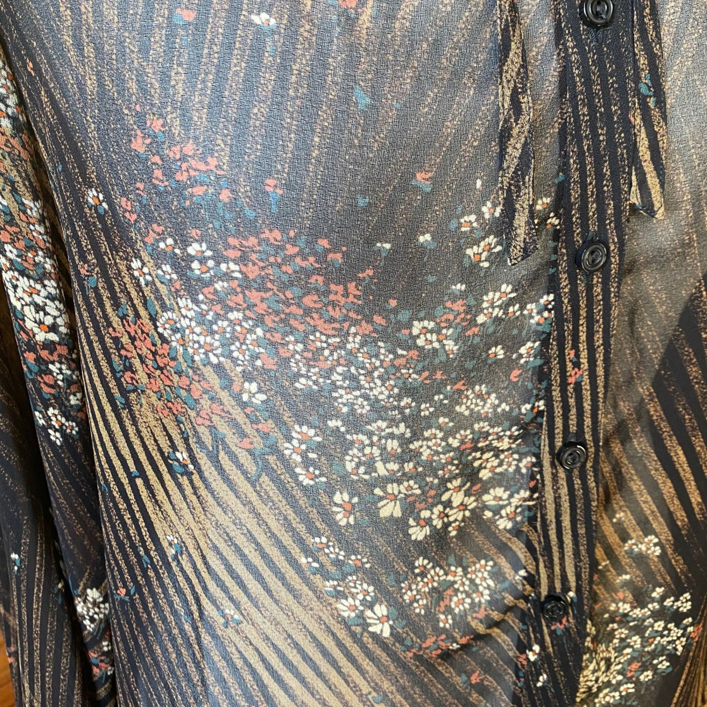 Vintage 80s Semi Sheer Black Floral and Striped Frill Neck Blouse.Approx UK size 10-14