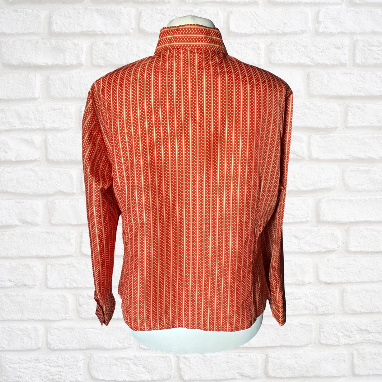 Red and Gold Polka Dot Striped 70s Dagger Collar Blouse. Approx UK size 18-22