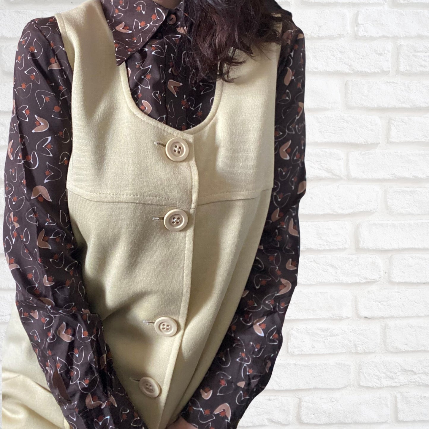 70s Brown, White,Grey and Orange Abstract Print Dagger Collar Shirt. Approx UK size 10-14