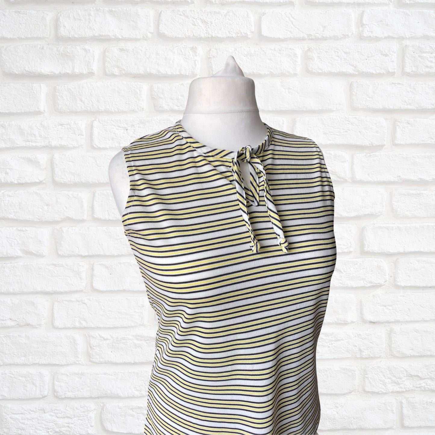 Stylish Vintage 60s Yellow, White, and Black Striped Sleeveless Top with Keyhole Tie Neckline . Approx UK size 14-18