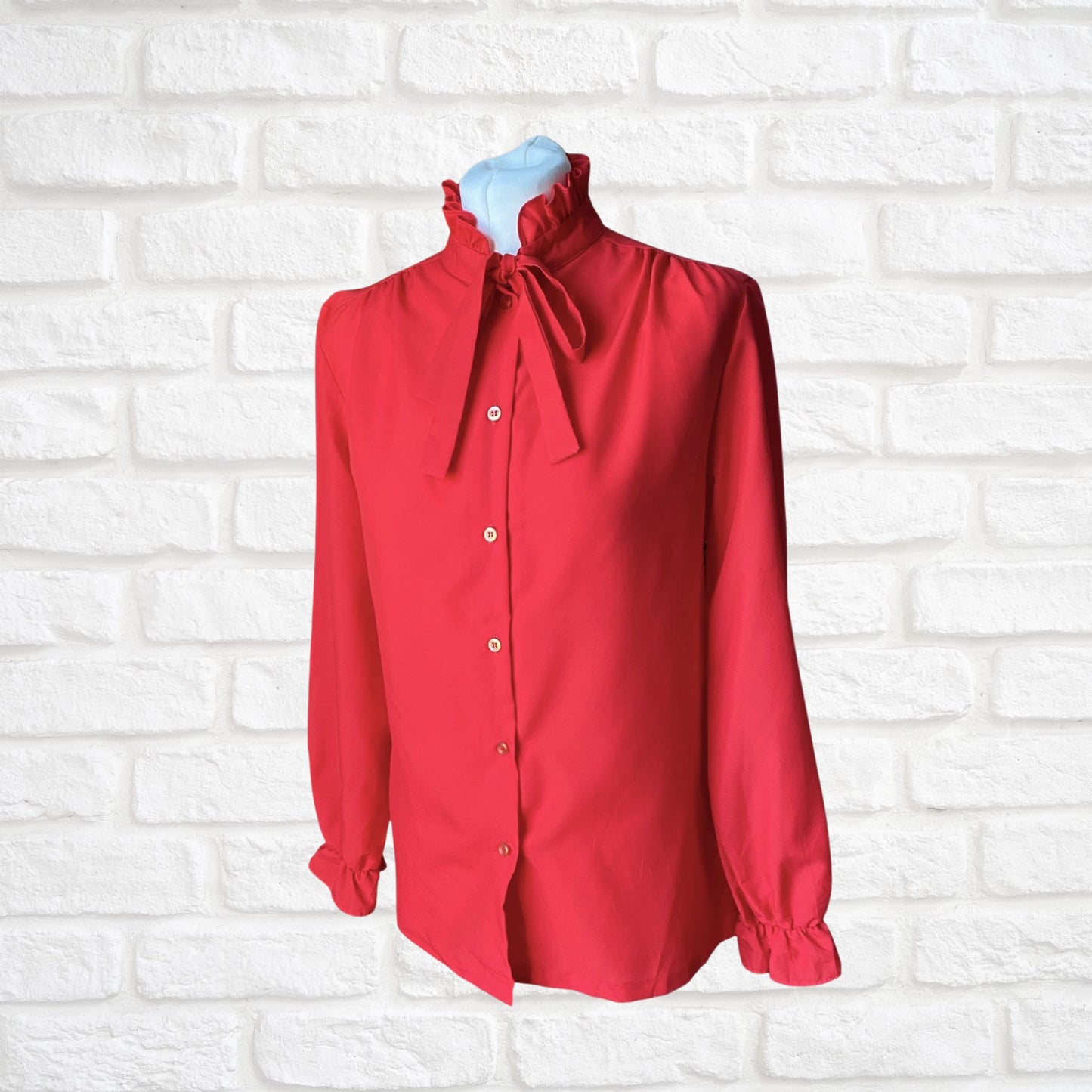 Red 80s secretary blouse with high frill collar and tie neck. Approx UK size 10-12