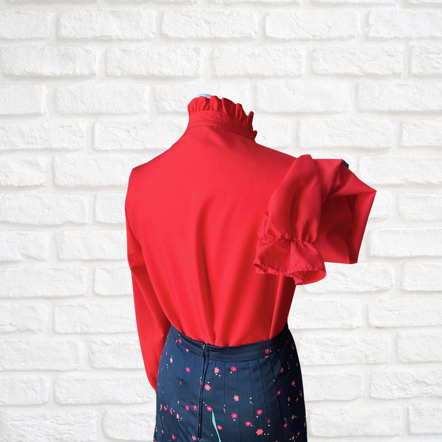 Red 80s secretary blouse with high frill collar and tie neck. Approx UK size 10-12