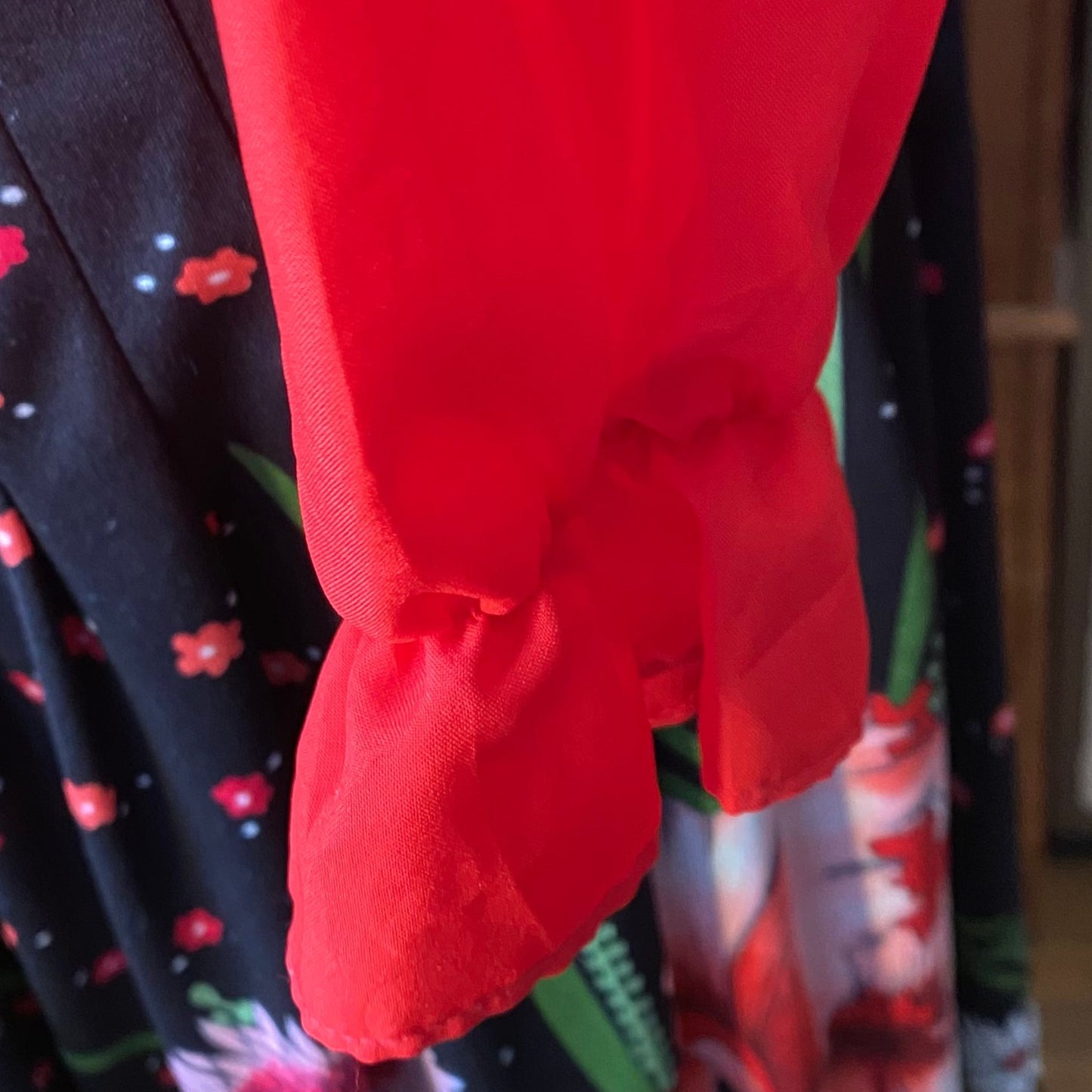 Red 80s secretary blouse with high frill collar and tie neck. Approx UK size 10-12