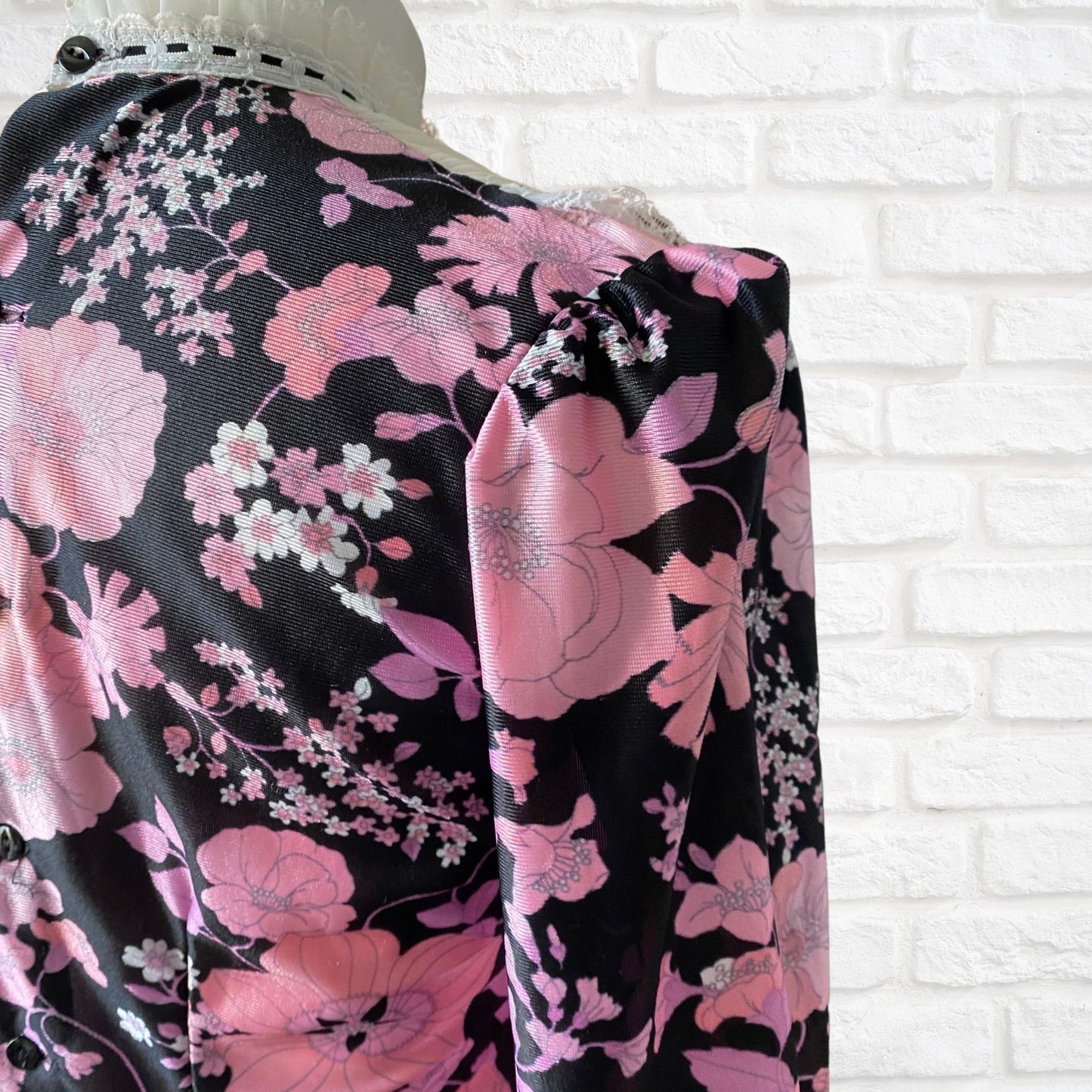 60s high necked long sleeved black and pink floral blouse  . Approx UK size 10-12