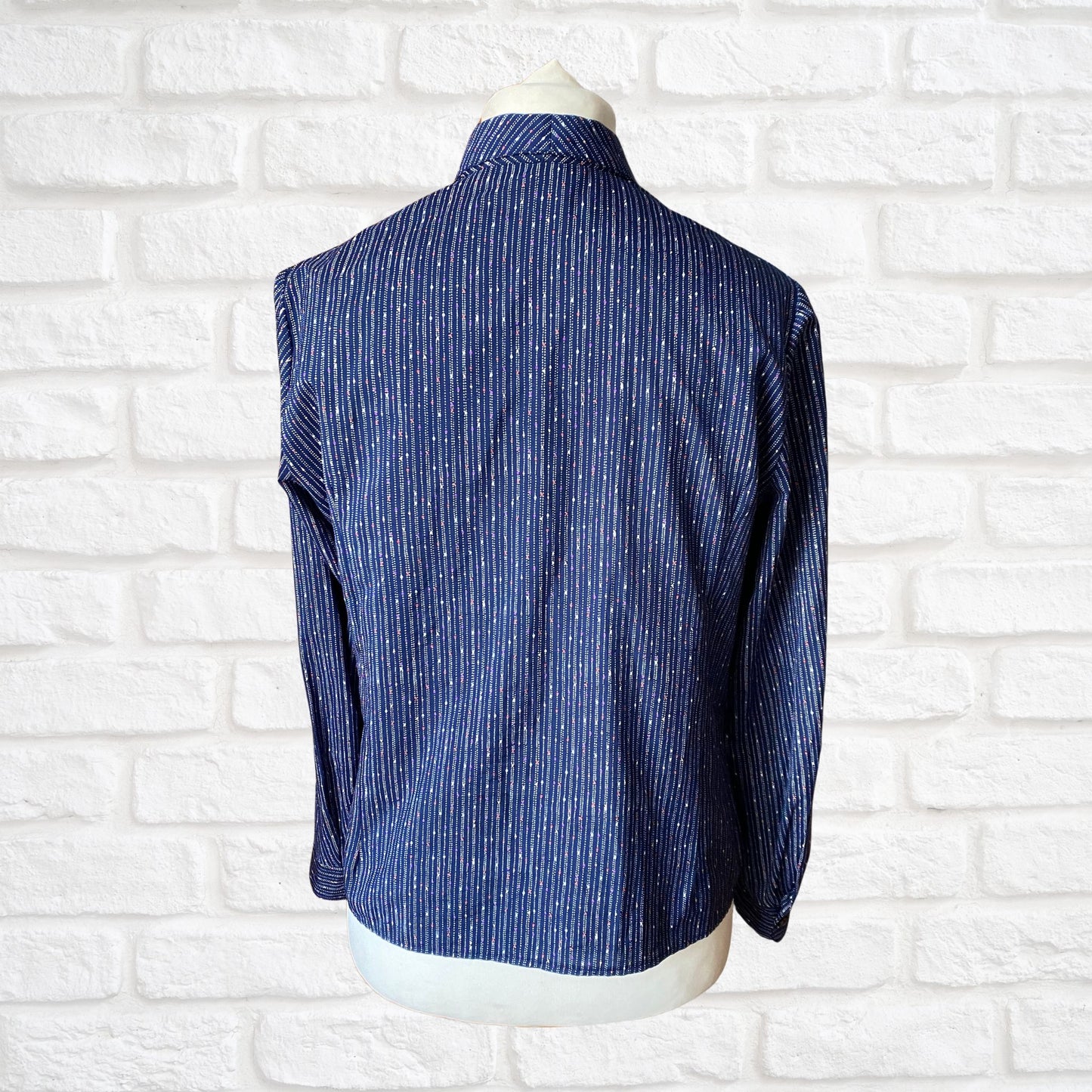 80s Blue Vintage Blouse with a Multicoloured Polka Dot and Striped Print. Approx U.K. size 12-16