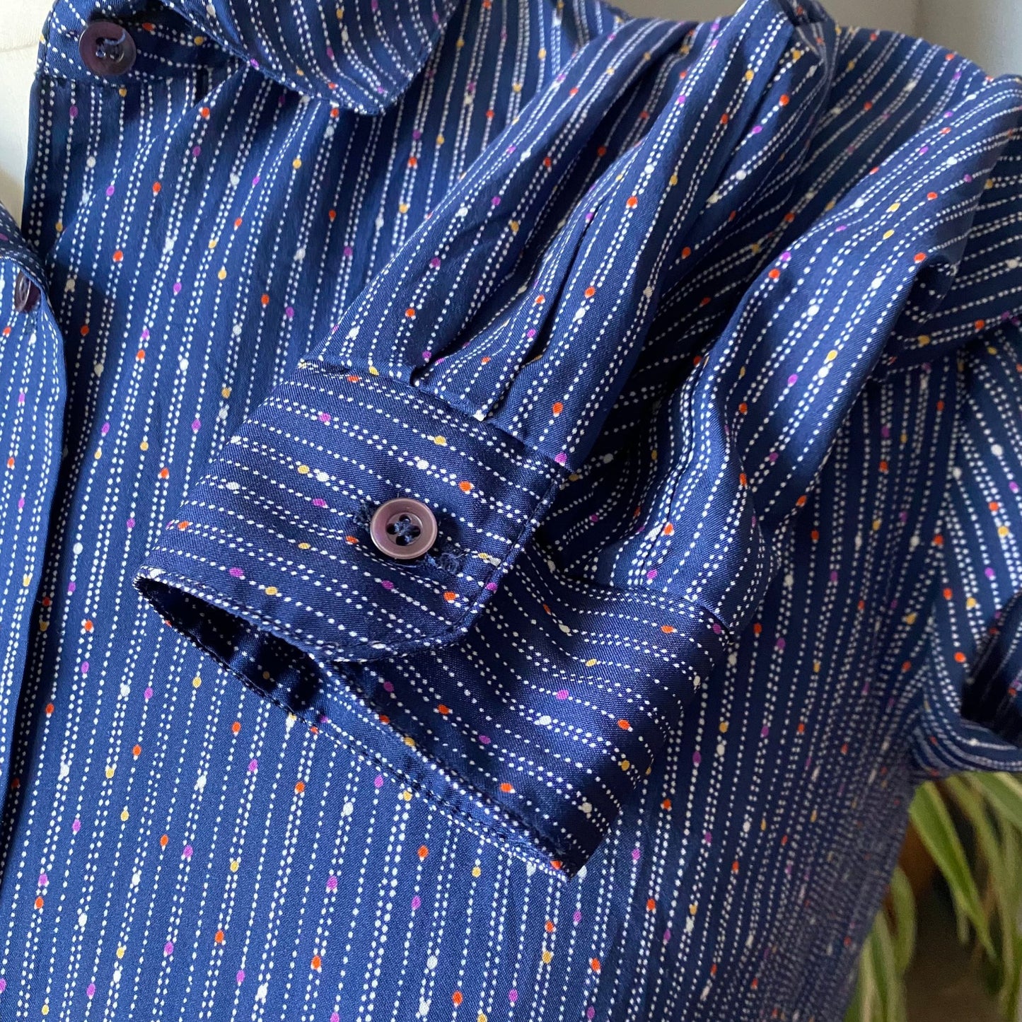 80s Blue Vintage Blouse with a Multicoloured Polka Dot and Striped Print. Approx U.K. size 12-16