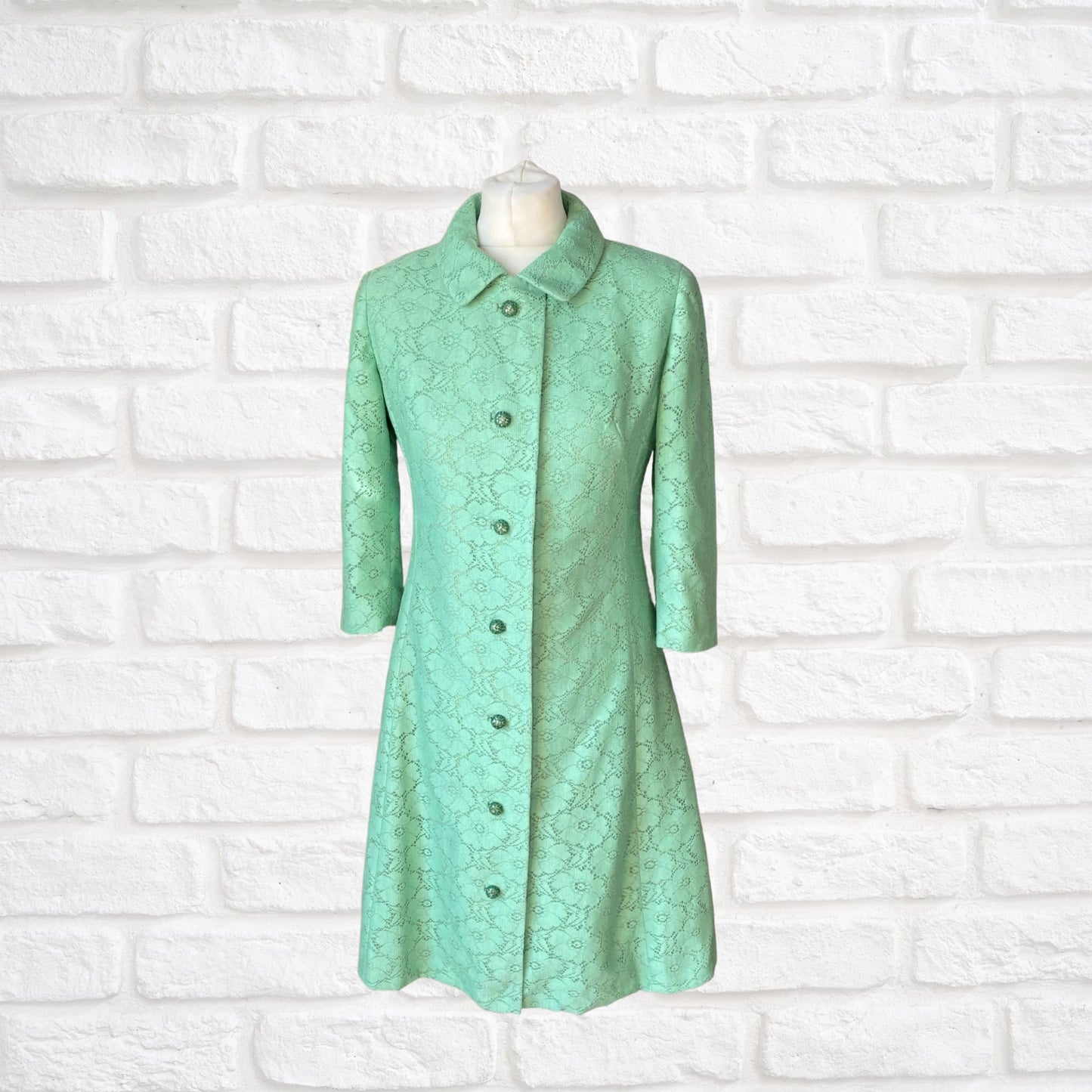 60s style mint green vintage lace coat/ dress. Approx UK size 10-12