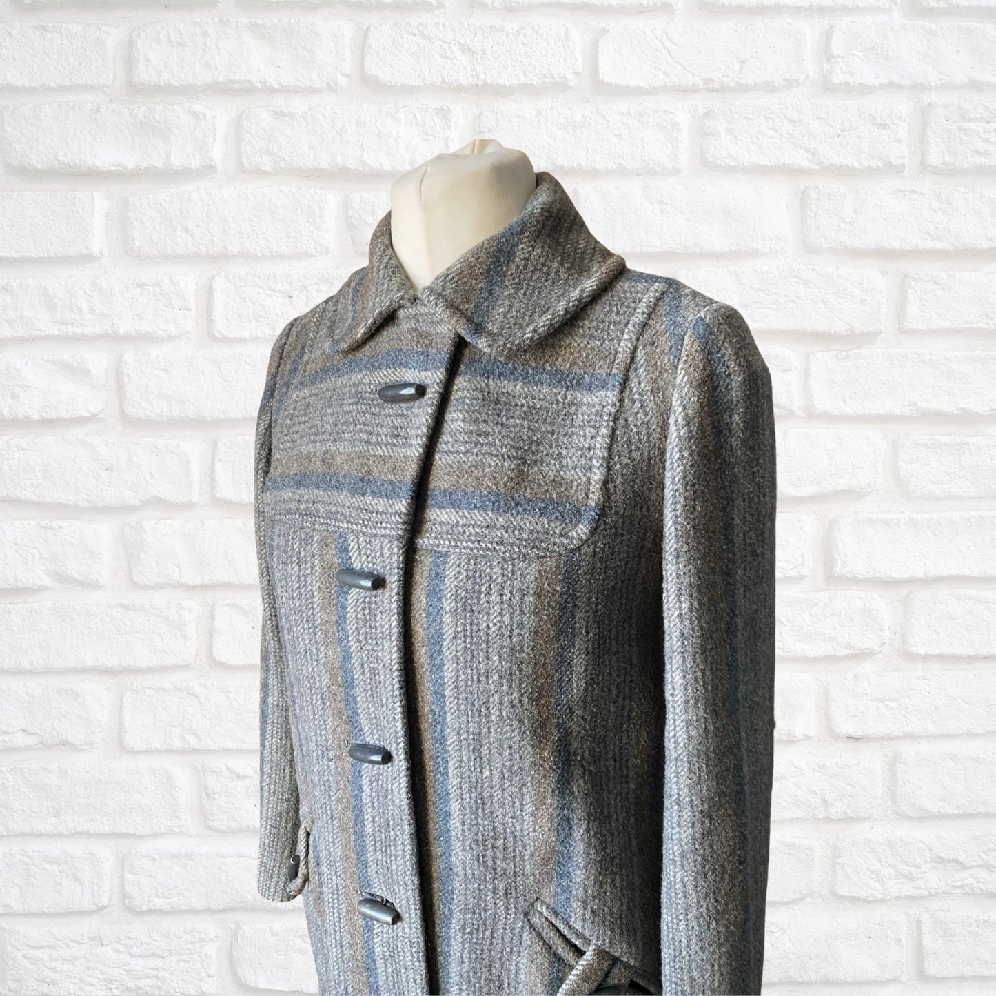 Vintage 70s Grey Blue Wool Midi Coat - Classic Style and Timeless Elegance.  Approx UK size 10-12