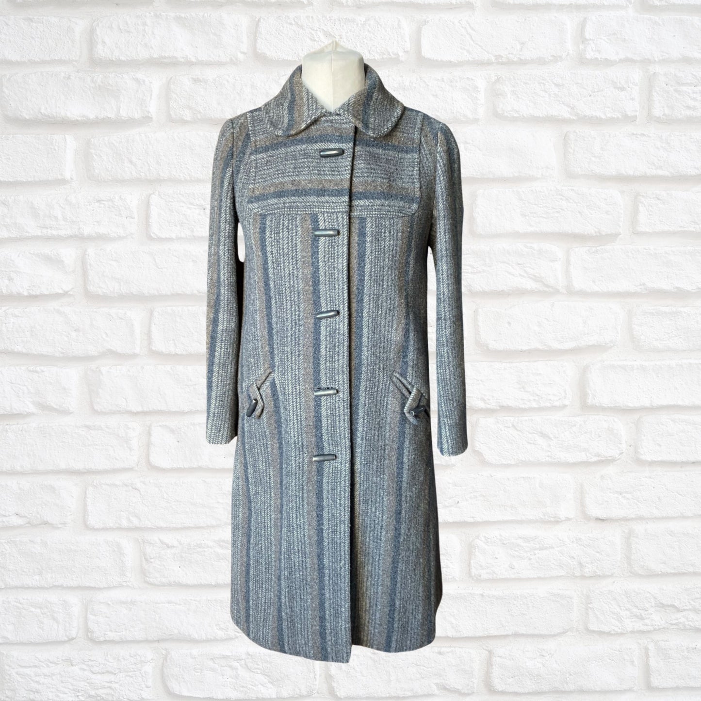 Vintage 70s Grey Blue Wool Midi Coat - Classic Style and Timeless Elegance.  Approx UK size 10-12