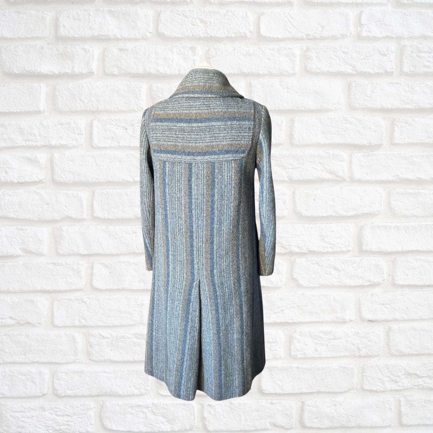 Vintage 70s Grey Blue Wool Midi Coat - Classic Style and Timeless Elegance.  Approx UK size 10-12