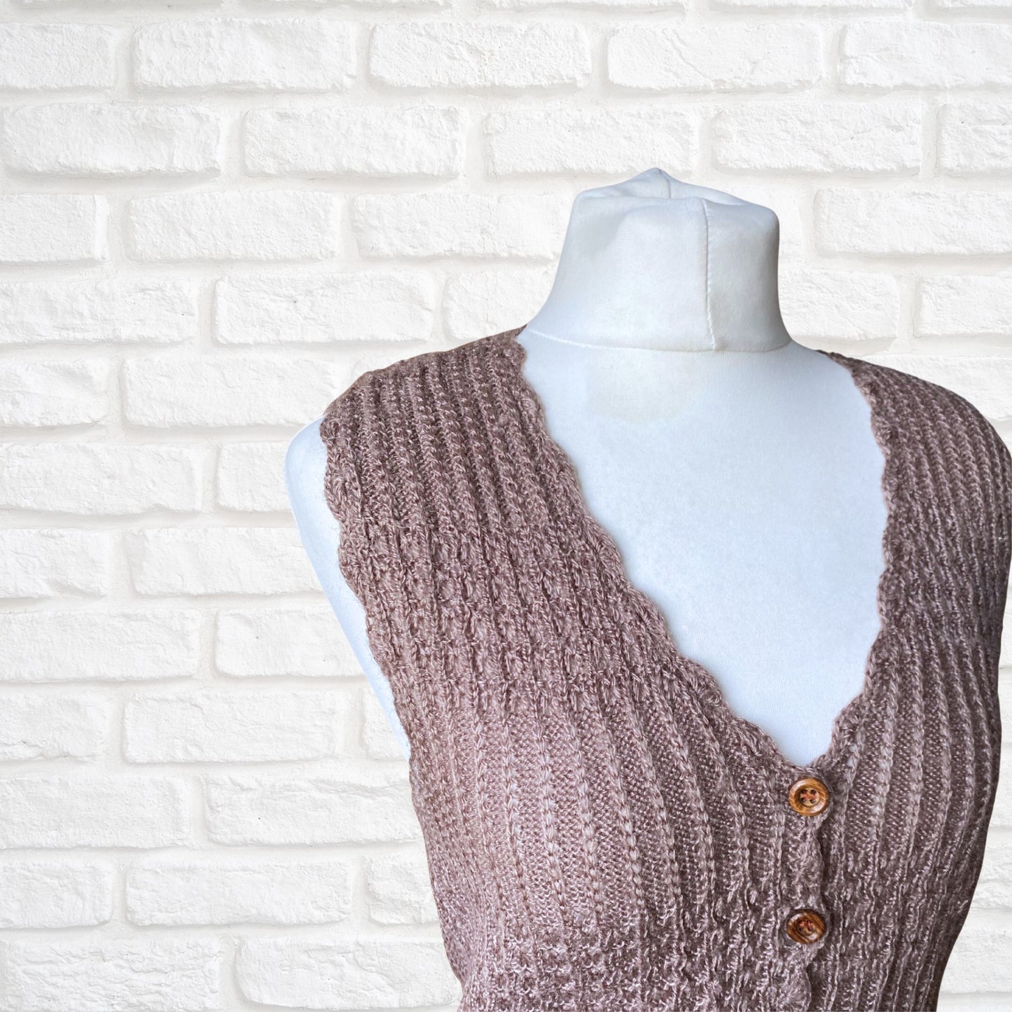 Hand Knitted Mink Brown Vintage Waistcoat with Cute Wooden Buttons.Approx UK size 8-10