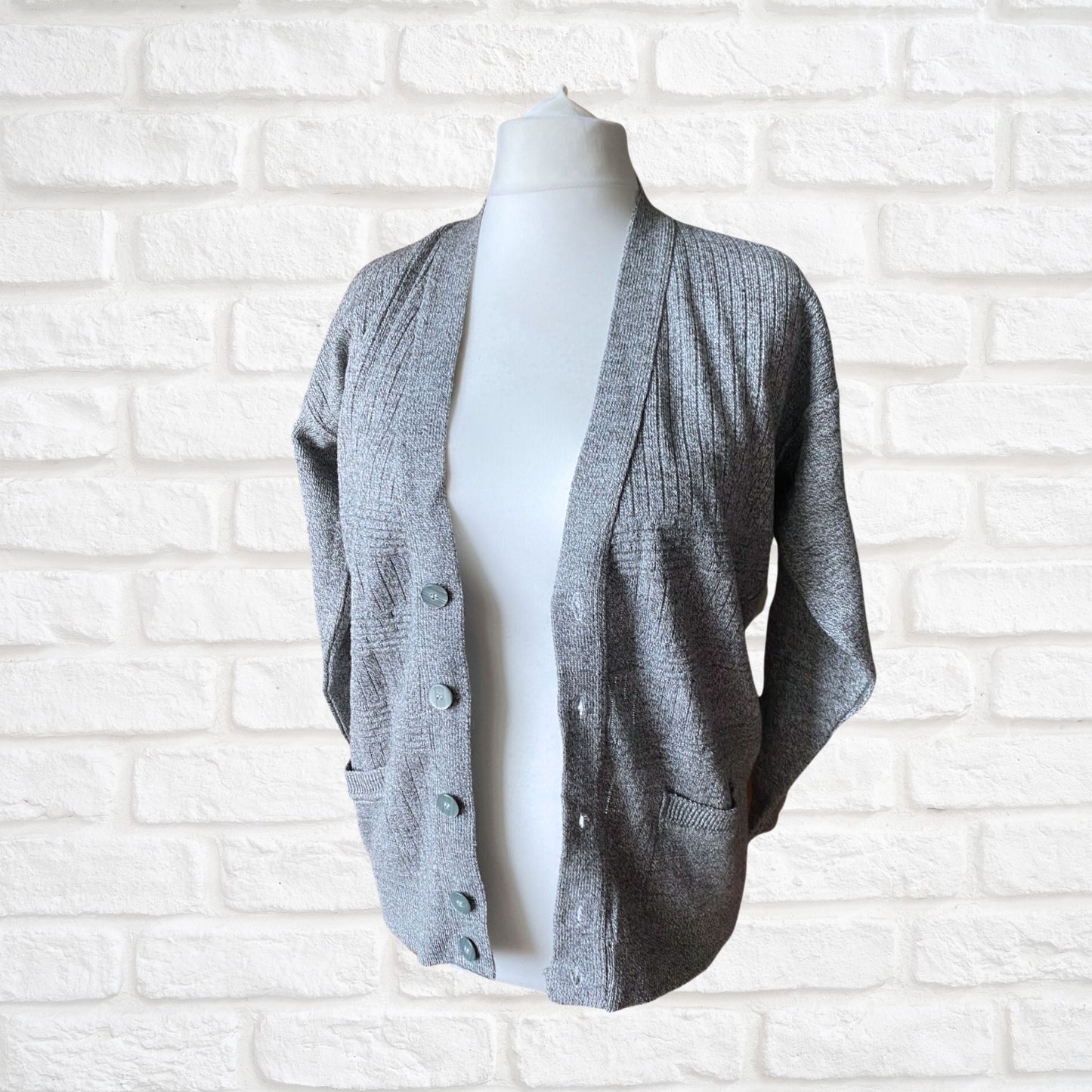Grey Grandad Style Vintage Cardigan with V-Neck and pockets.Approx U.K. size 12-18
