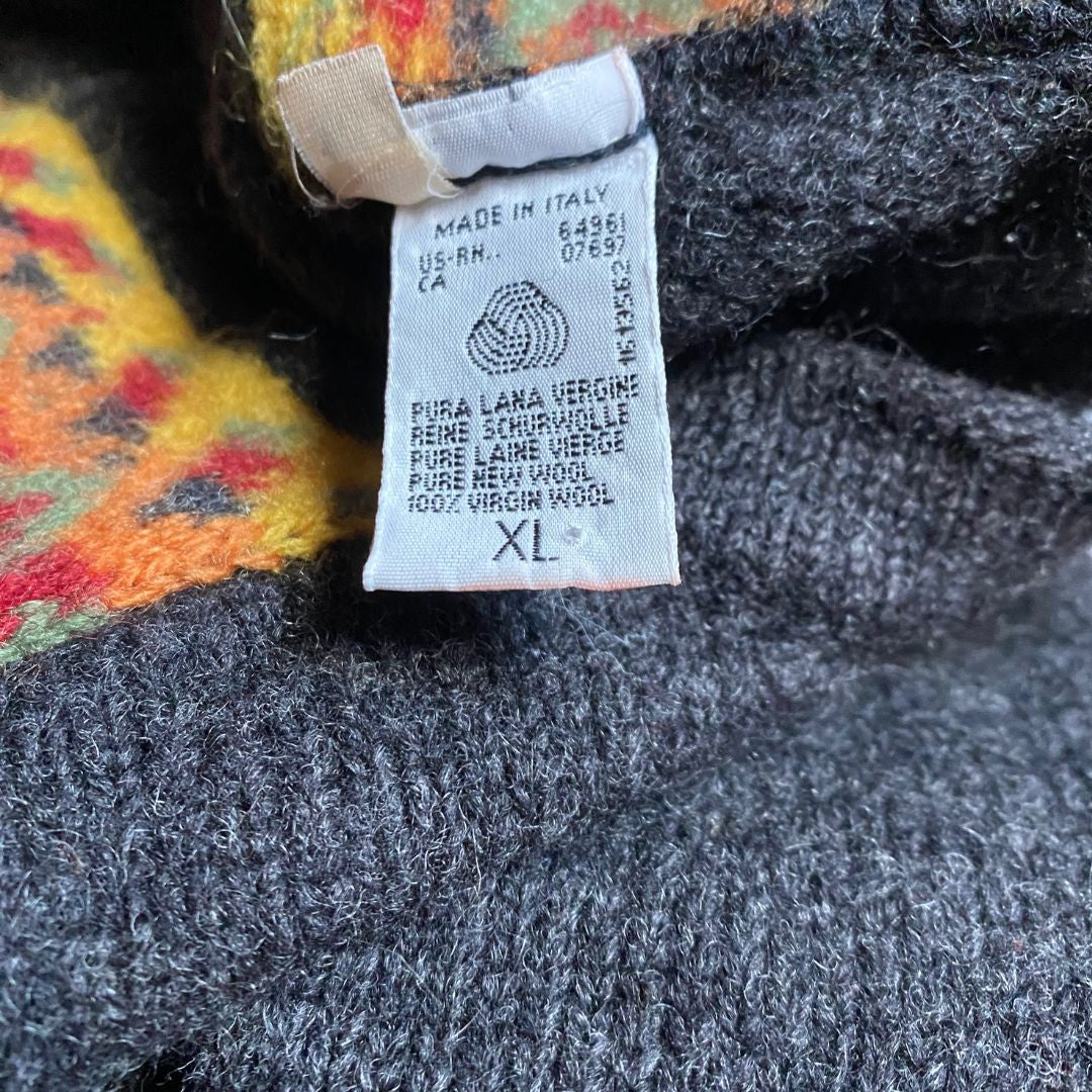 Vintage Dark Charcoal Wool Jumper with Decorated V-Neck Detail | Relaxed Fit | Made in Italy.Approx UK size 18 - 24