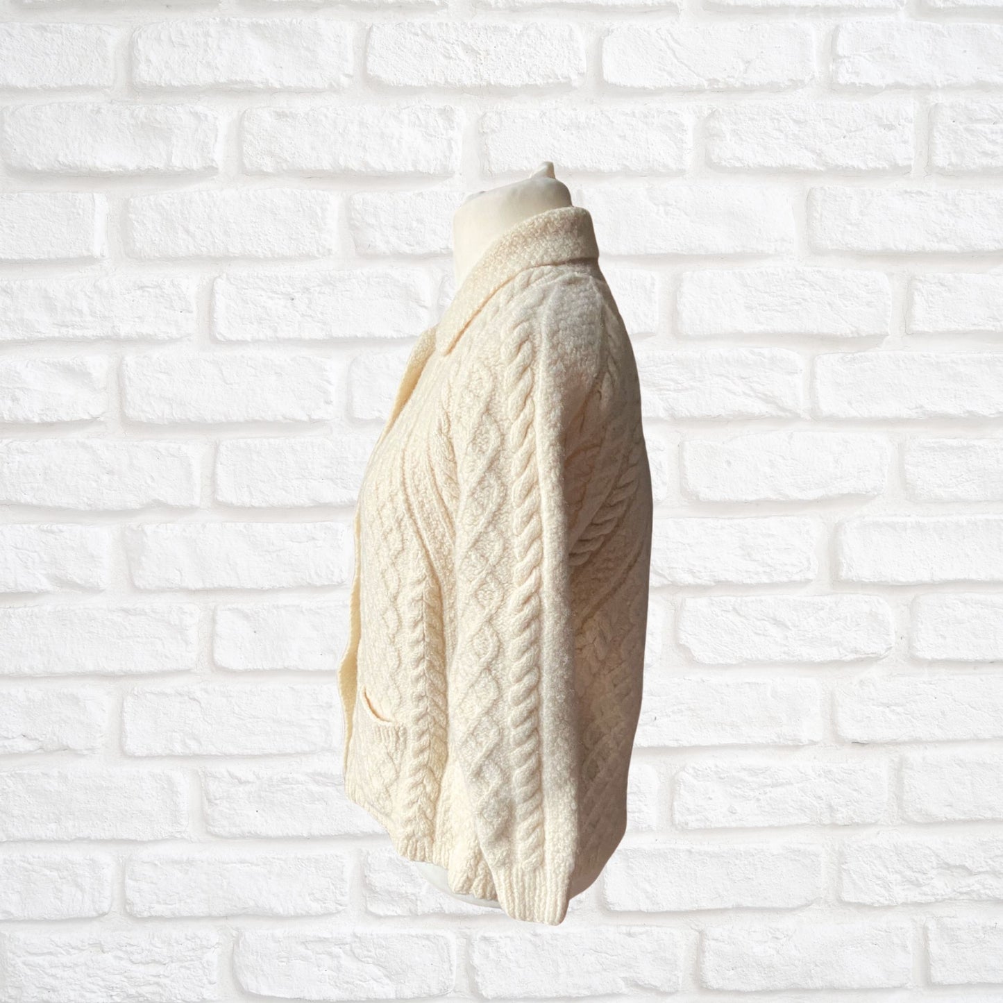 Cream Aran style Wool Vintage Cardigan with Wooden Buttons - Classic heritage piece.  Approx UK size 10- 14