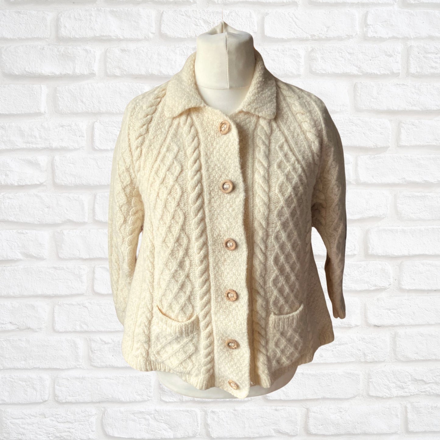 Cream Aran style Wool Vintage Cardigan with Wooden Buttons - Classic heritage piece.  Approx UK size 10- 14