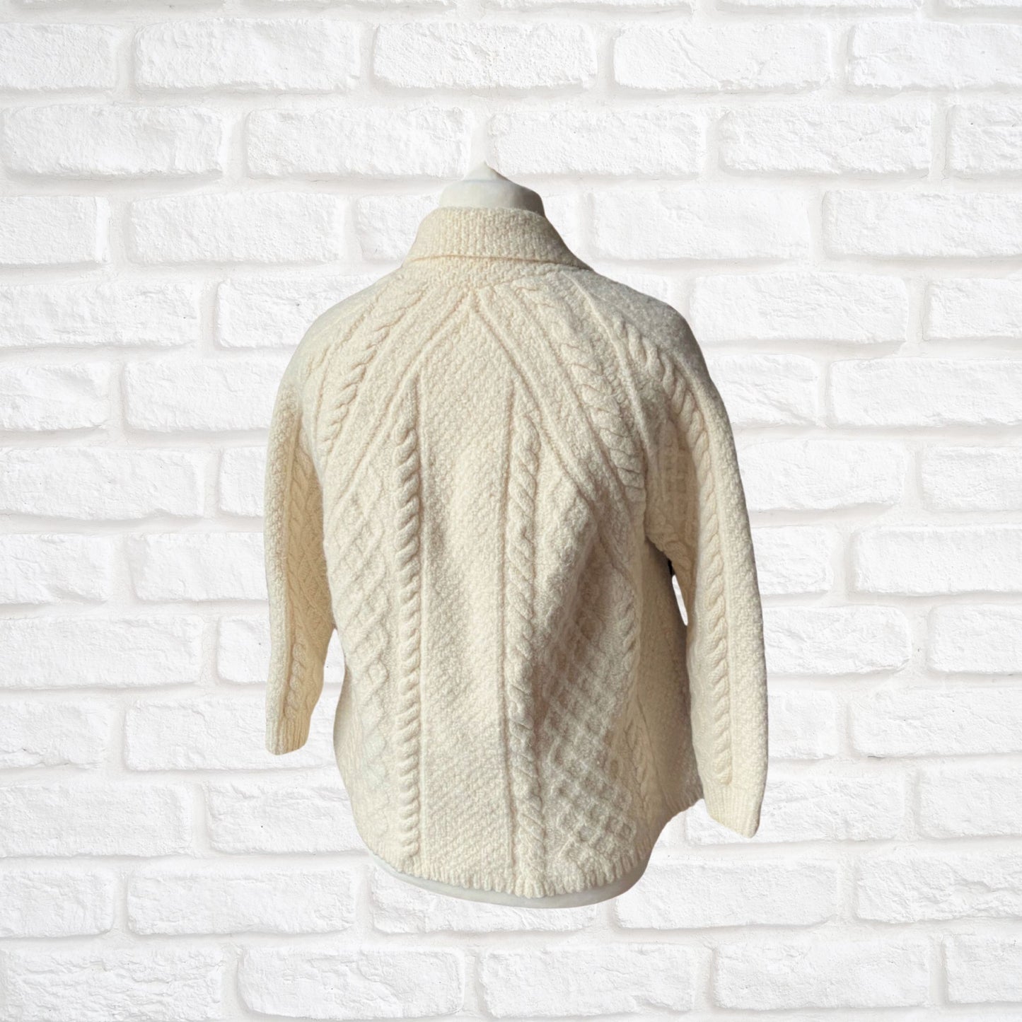 Cream Aran style Wool Vintage Cardigan with Wooden Buttons - Classic heritage piece.  Approx UK size 10- 14