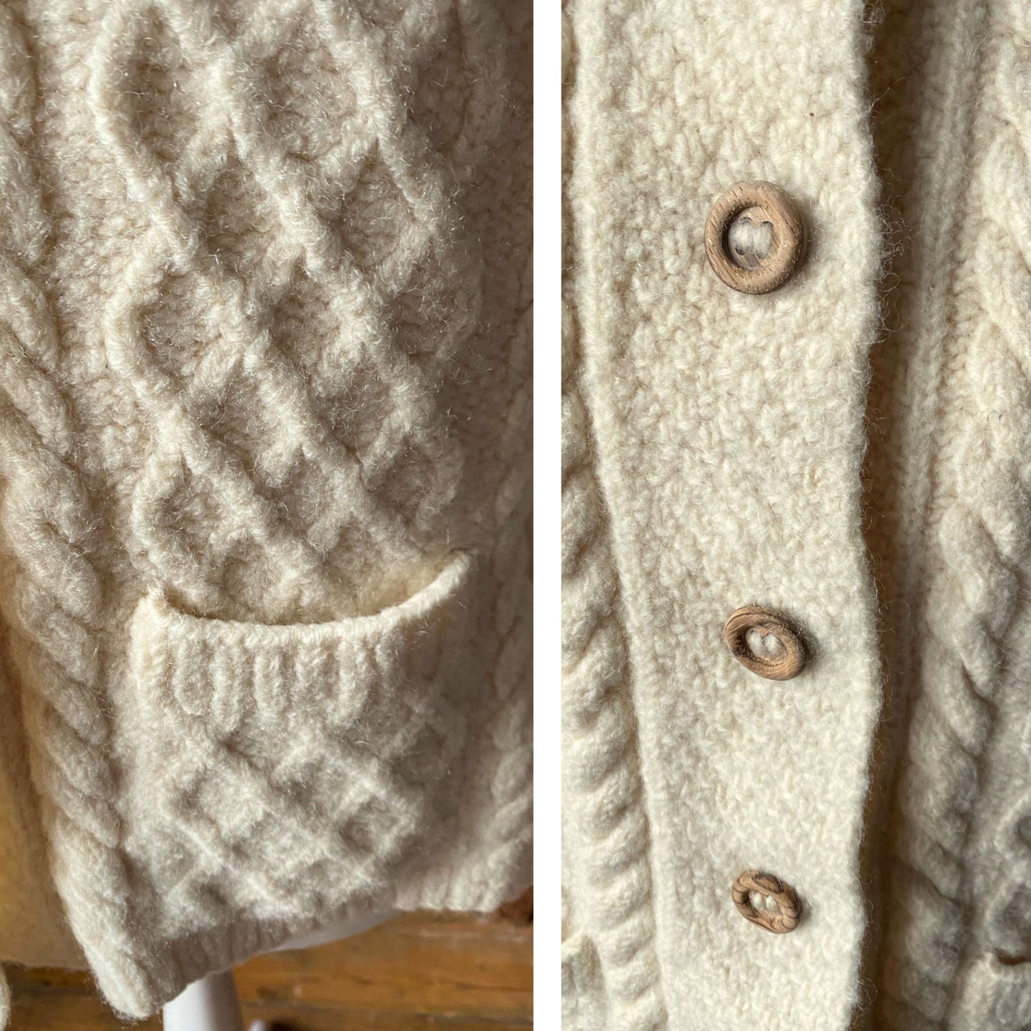 Cream Aran style Wool Vintage Cardigan with Wooden Buttons - Classic heritage piece.  Approx UK size 10- 14