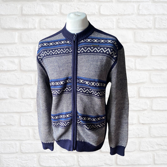 Vintage Blue and White Patterned  Zip Up Wool Cardigan. Approx UK size L -  XL ( men) / 20-22 (women)