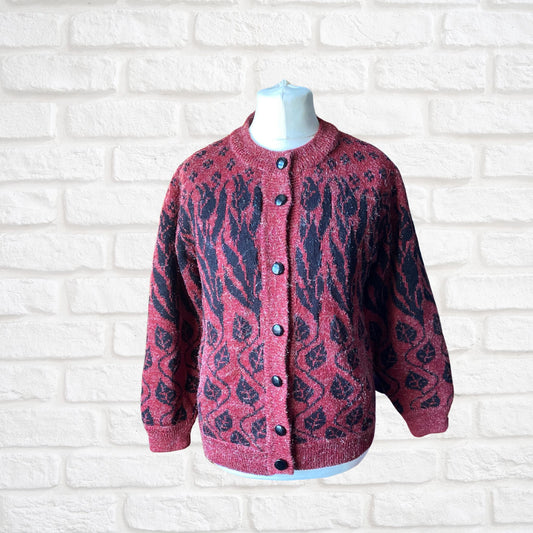 Vintage 80s Burgundy and Black Botanical Print Cardigan: Warm and Stylish Cover-Up. Approx UK size 14-18