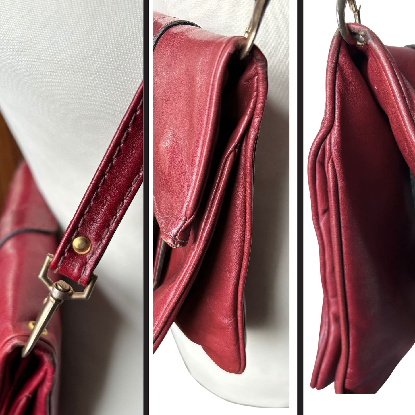 Dark Red Leather Vintage Handbag with Detachable Shoulder Strap. Stylish and Secure