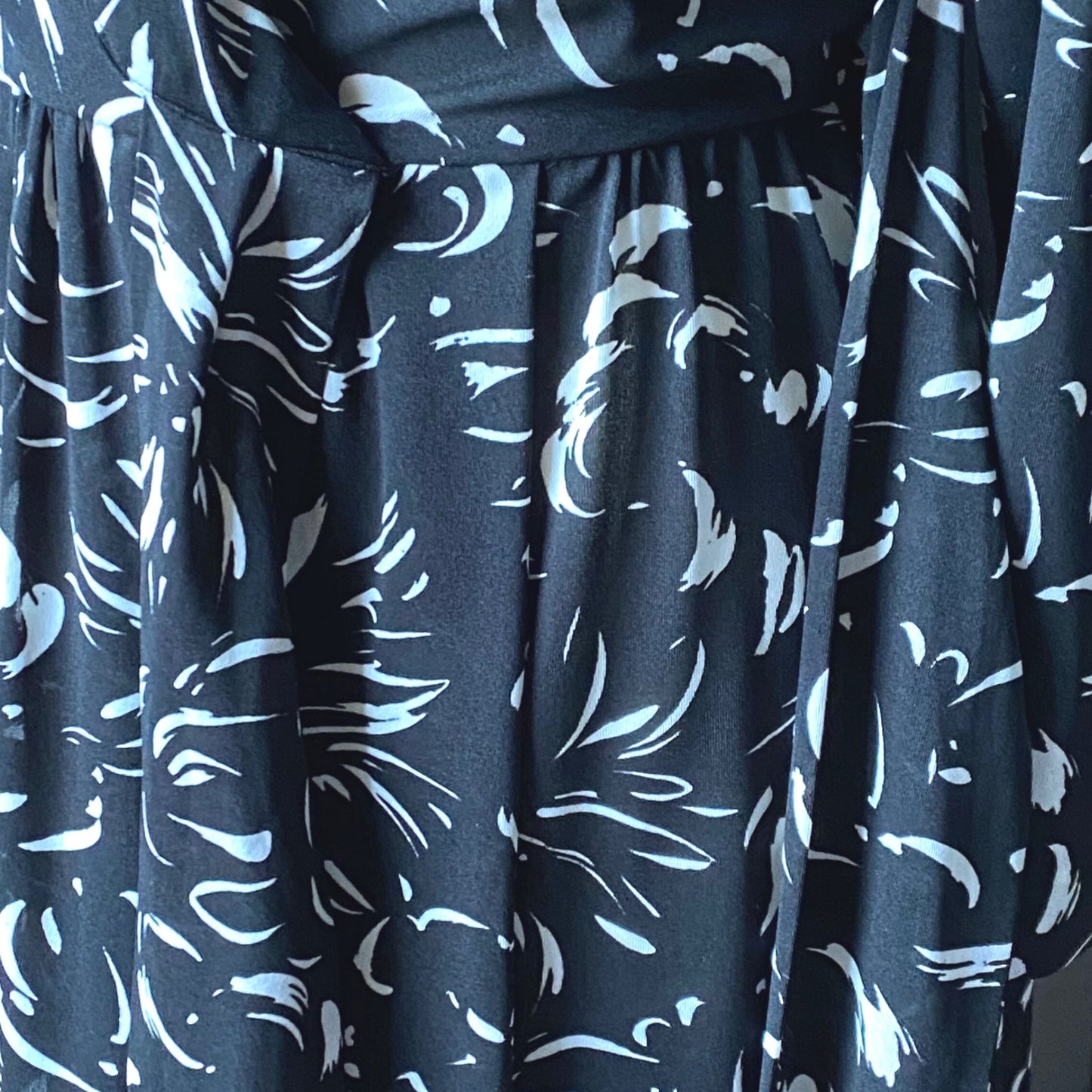 70s Vintage  Black and White Abstract Print Faux Wrap Maxi Dress. Approx UK size 10